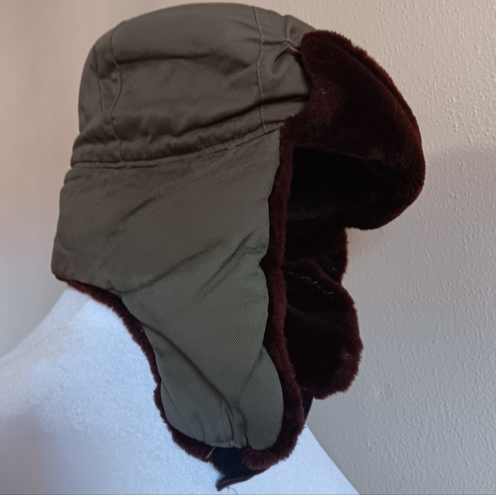 Vintage Aeronaut Aviator Olive Green Winter Trapper Hat Military Style Cap